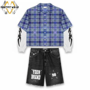 Blue Plaid Mixed-Media Set Distressed Striped Layered Shirt